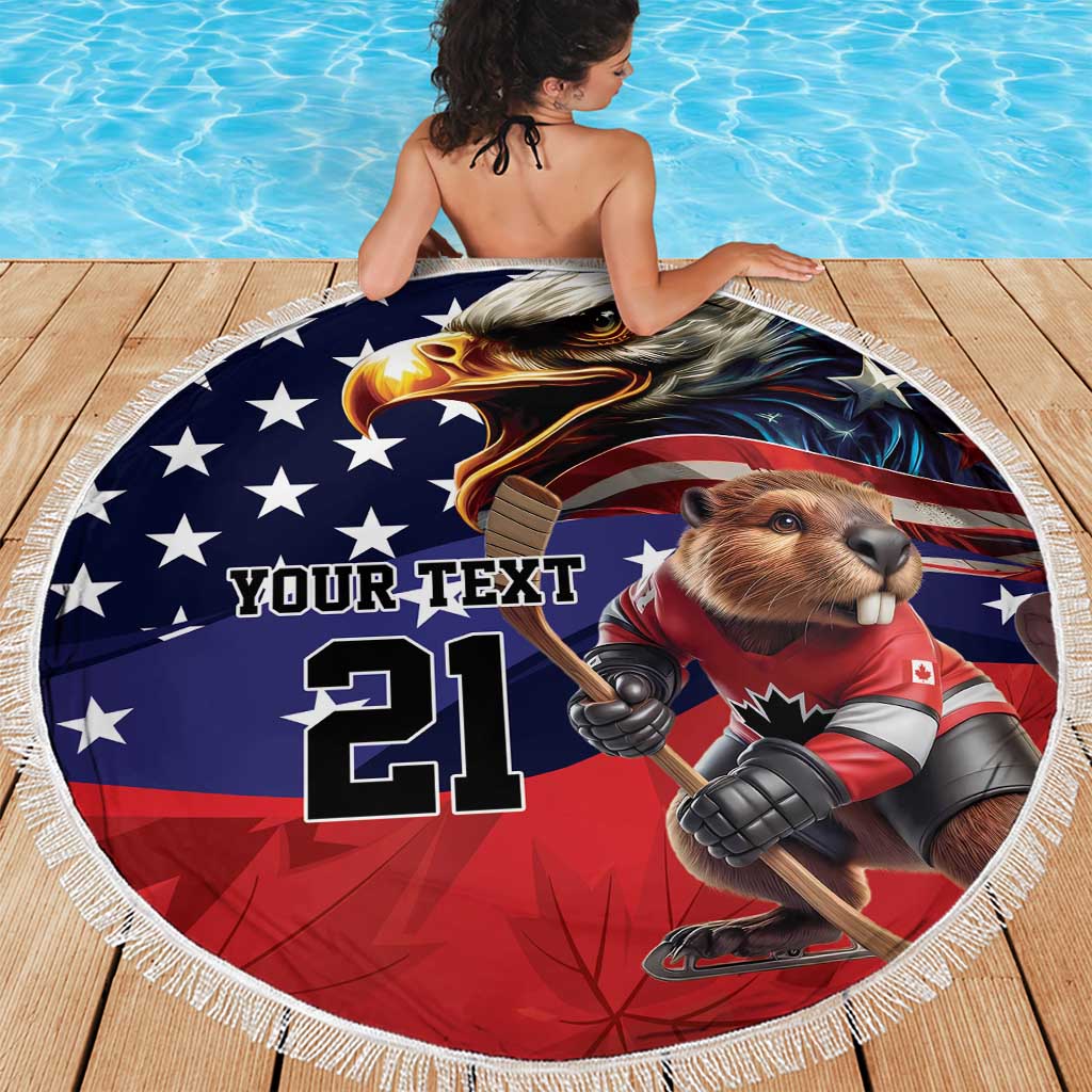 Round beach blanket with fringe edge, eagle-and-dog hockey graphic with stars and 21