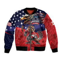 Men's bomber jacket with full-zip, navy red USA flag print and hockey animal graphic