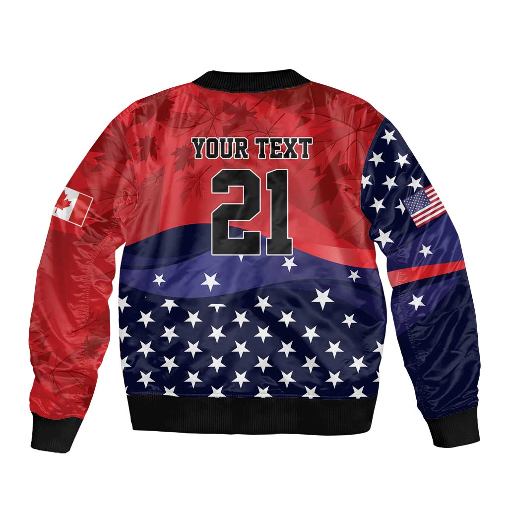 Bomber jacket back has red and navy stars-and-stripes, 'YOUR TEXT' and 21 graphic