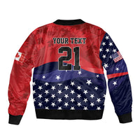 Bomber jacket back has red and navy stars-and-stripes, 'YOUR TEXT' and 21 graphic