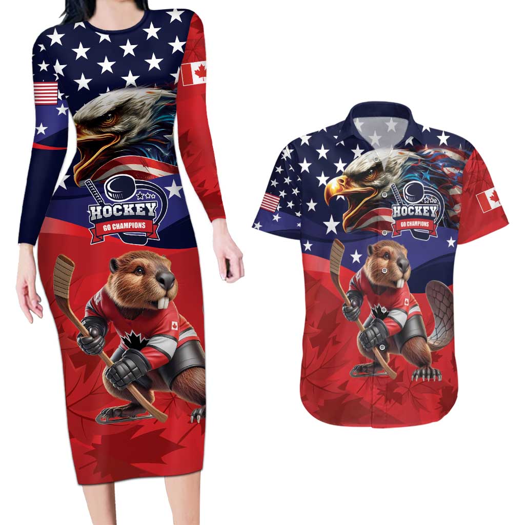 USA Canada Ice Hockey Custom Couples Matching Long Sleeve Bodycon Dress and Hawaiian Shirt Go Champion 4 Nations