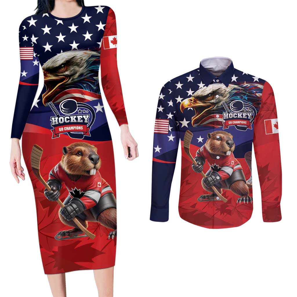 USA Canada Ice Hockey Custom Couples Matching Long Sleeve Bodycon Dress and Long Sleeve Button Shirt Go Champion 4 Nations