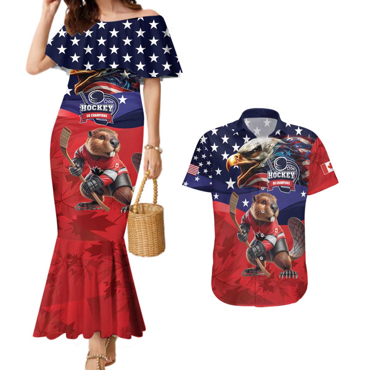 USA Canada Ice Hockey Custom Couples Matching Mermaid Dress and Hawaiian Shirt Go Champion 4 Nations