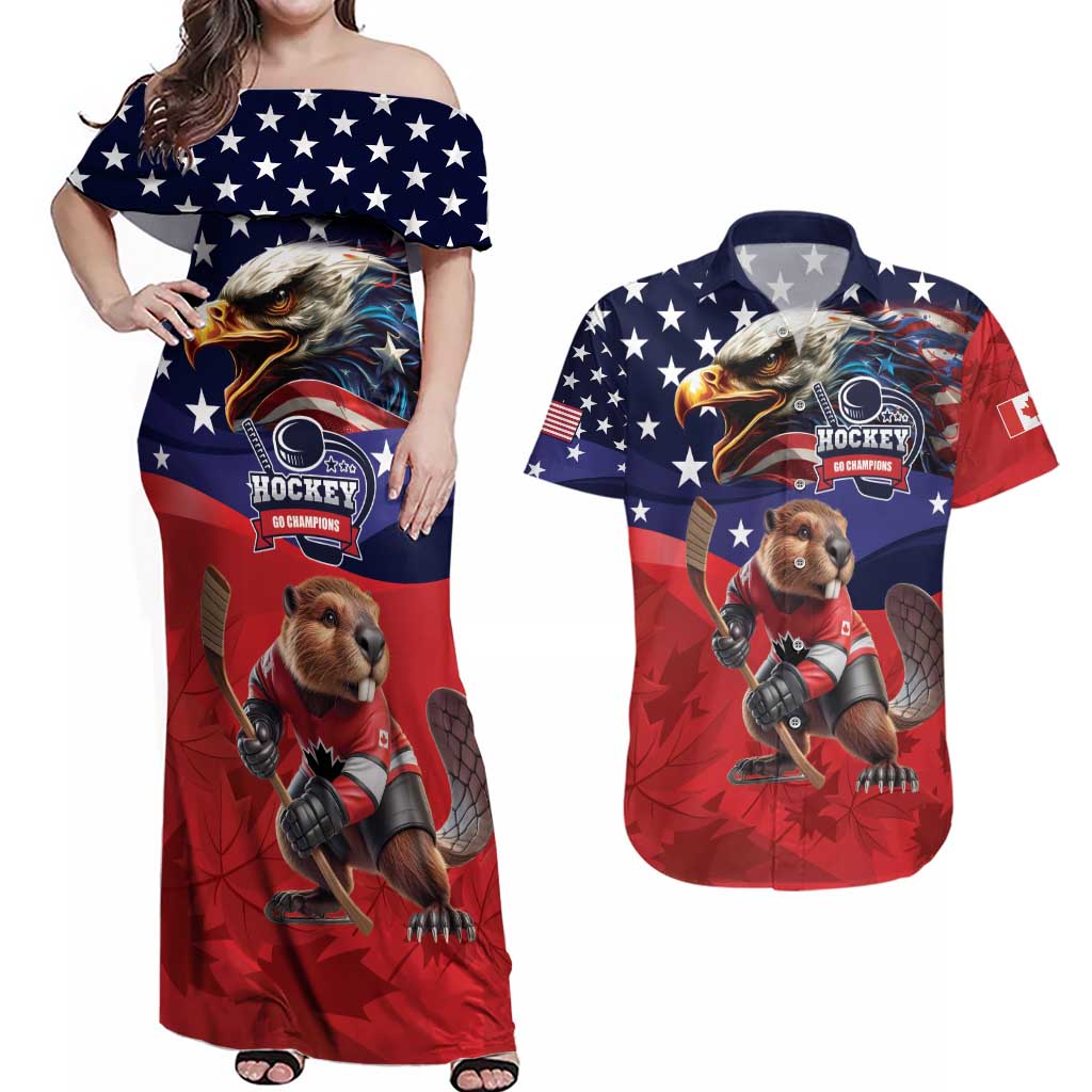 USA Canada Ice Hockey Custom Couples Matching Off Shoulder Maxi Dress and Hawaiian Shirt Go Champion 4 Nations