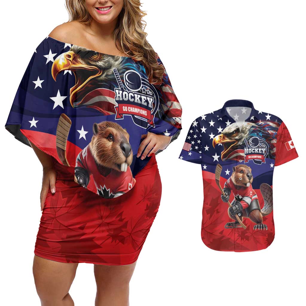 USA Canada Ice Hockey Custom Couples Matching Off Shoulder Short Dress and Hawaiian Shirt Go Champion 4 Nations