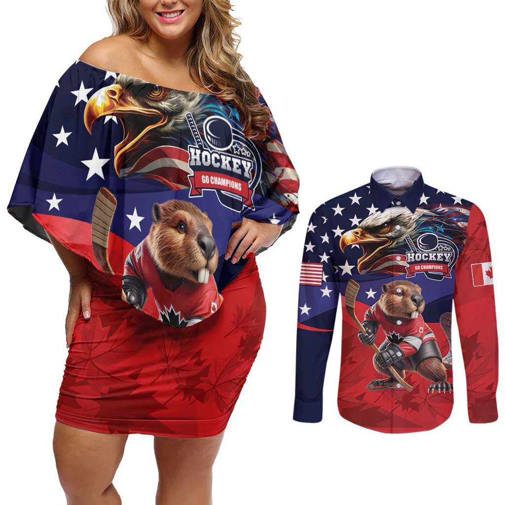 USA Canada Ice Hockey Custom Couples Matching Off Shoulder Short Dress and Long Sleeve Button Shirt Go Champion 4 Nations