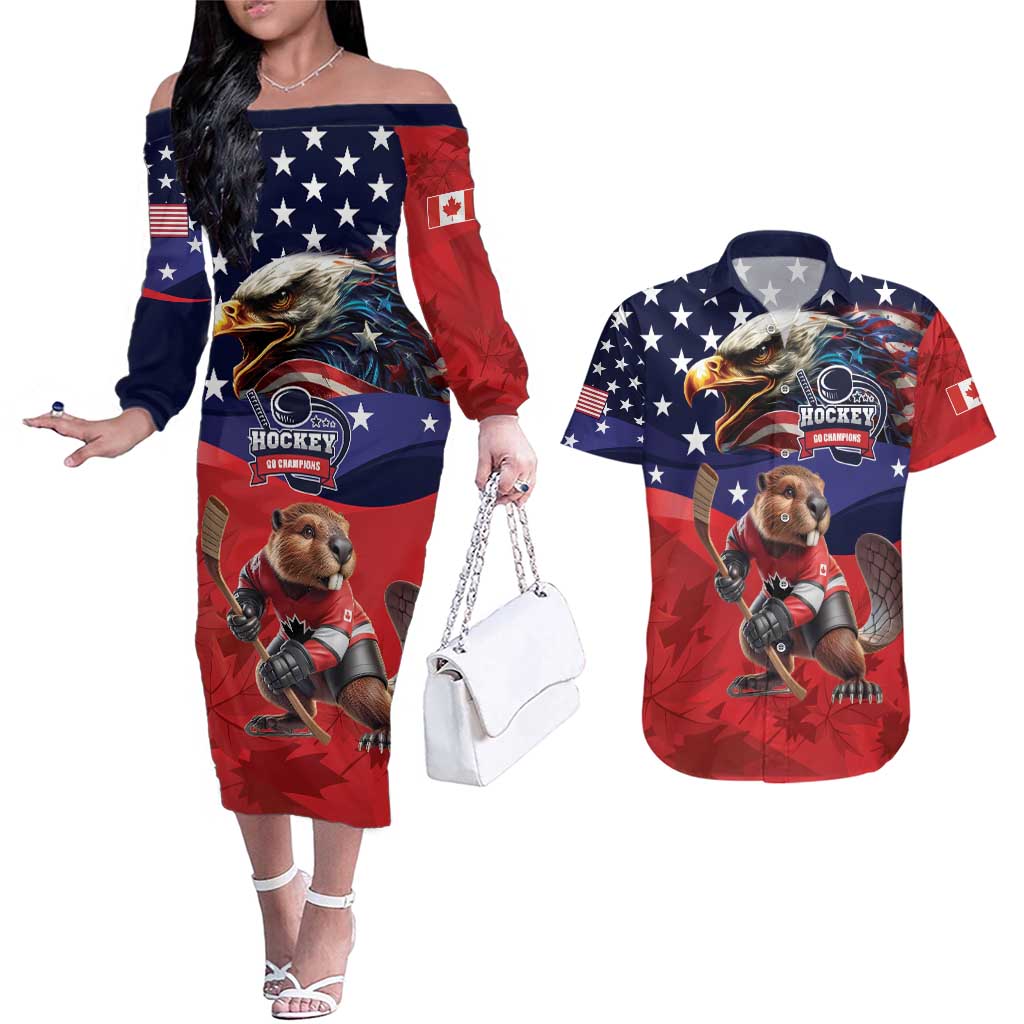 USA Canada Ice Hockey Custom Couples Matching Off The Shoulder Long Sleeve Dress and Hawaiian Shirt Go Champion 4 Nations