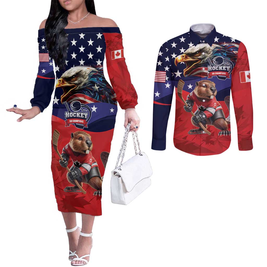 USA Canada Ice Hockey Custom Couples Matching Off The Shoulder Long Sleeve Dress and Long Sleeve Button Shirt Go Champion 4 Nations