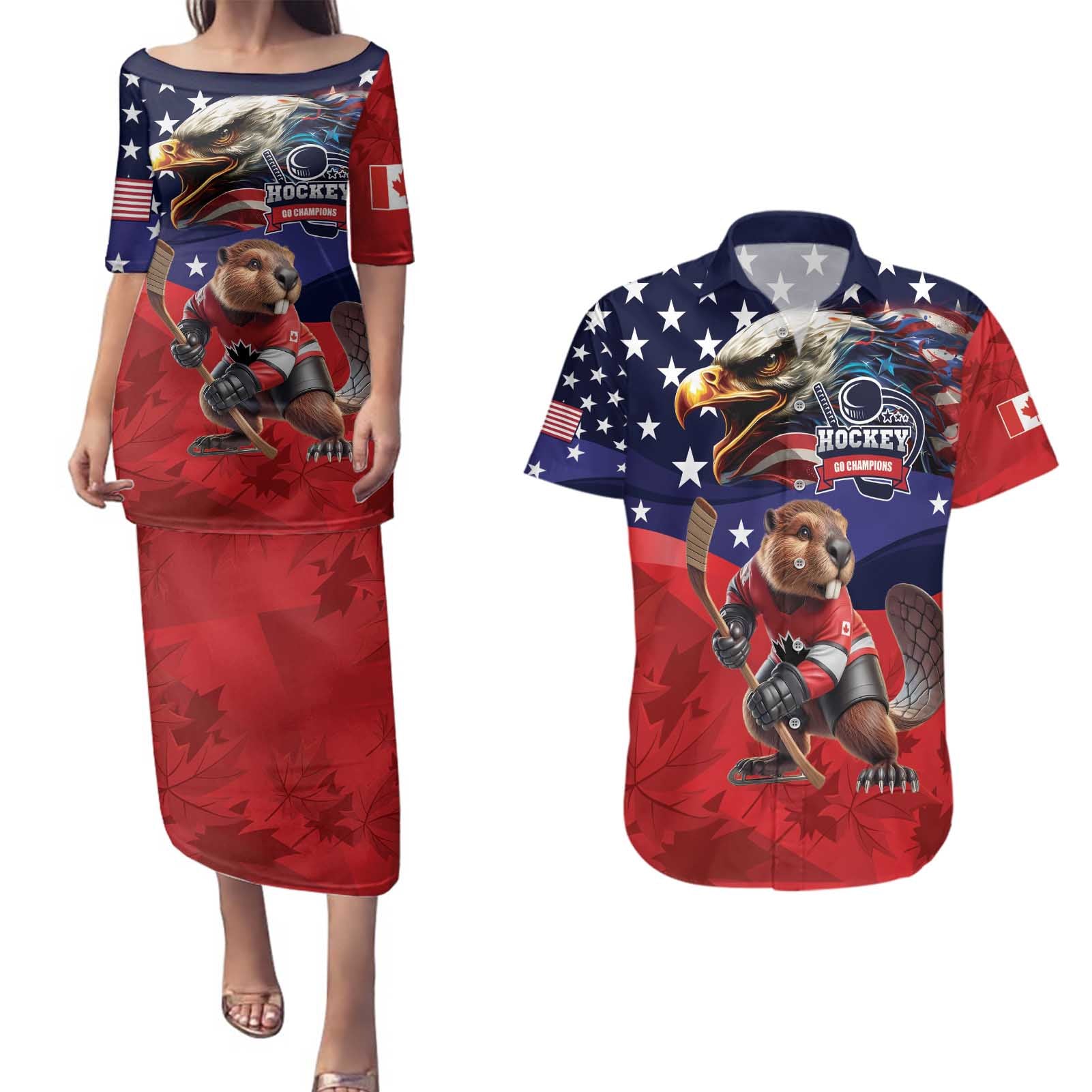 USA Canada Ice Hockey Custom Couples Matching Puletasi and Hawaiian Shirt Go Champion 4 Nations