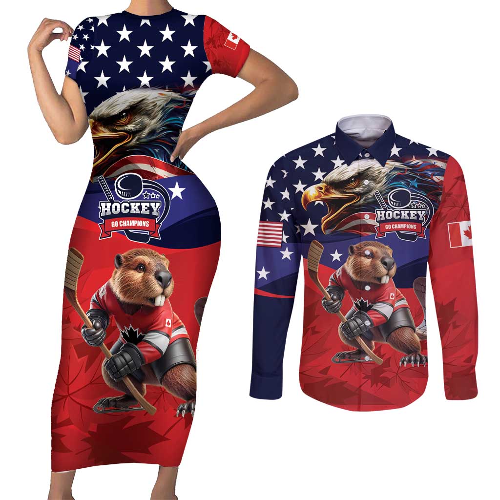 USA Canada Ice Hockey Custom Couples Matching Short Sleeve Bodycon Dress and Long Sleeve Button Shirt Go Champion 4 Nations