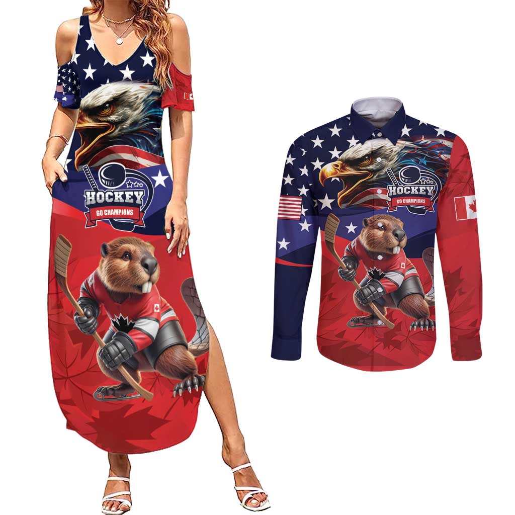 USA Canada Ice Hockey Custom Couples Matching Summer Maxi Dress and Long Sleeve Button Shirt Go Champion 4 Nations