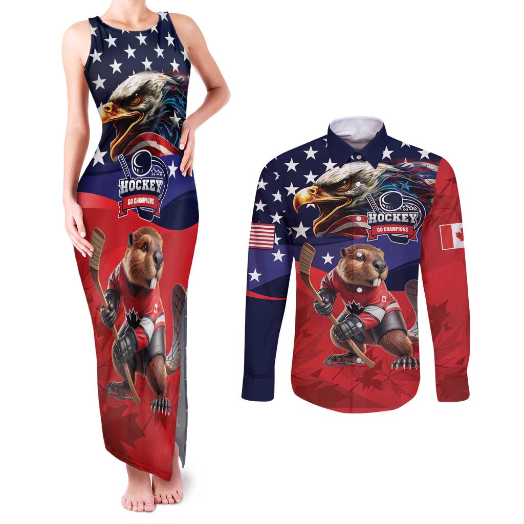 USA Canada Ice Hockey Custom Couples Matching Tank Maxi Dress and Long Sleeve Button Shirt Go Champion 4 Nations