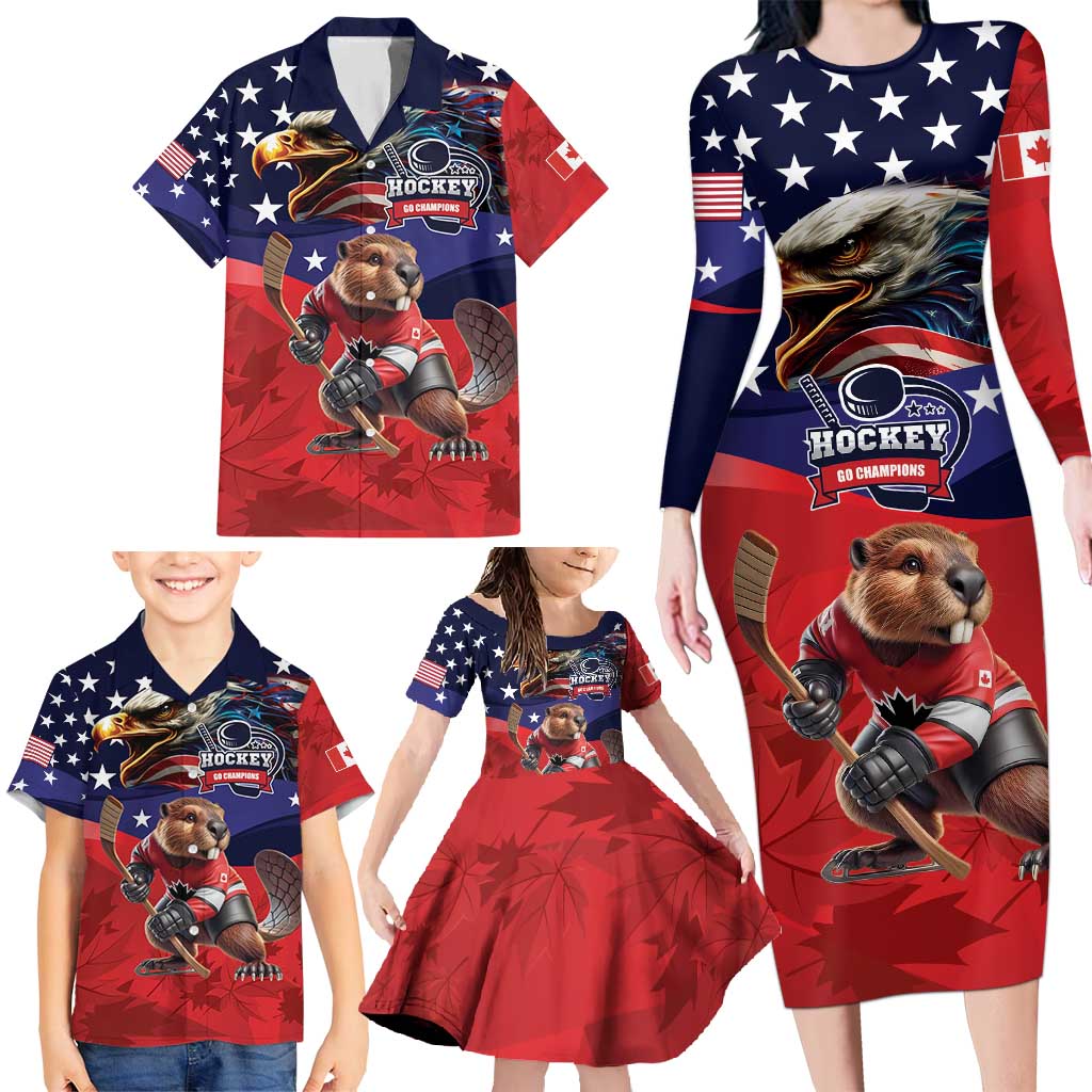 USA Canada Ice Hockey Custom Family Matching Long Sleeve Bodycon Dress and Hawaiian Shirt Go Champion 4 Nations