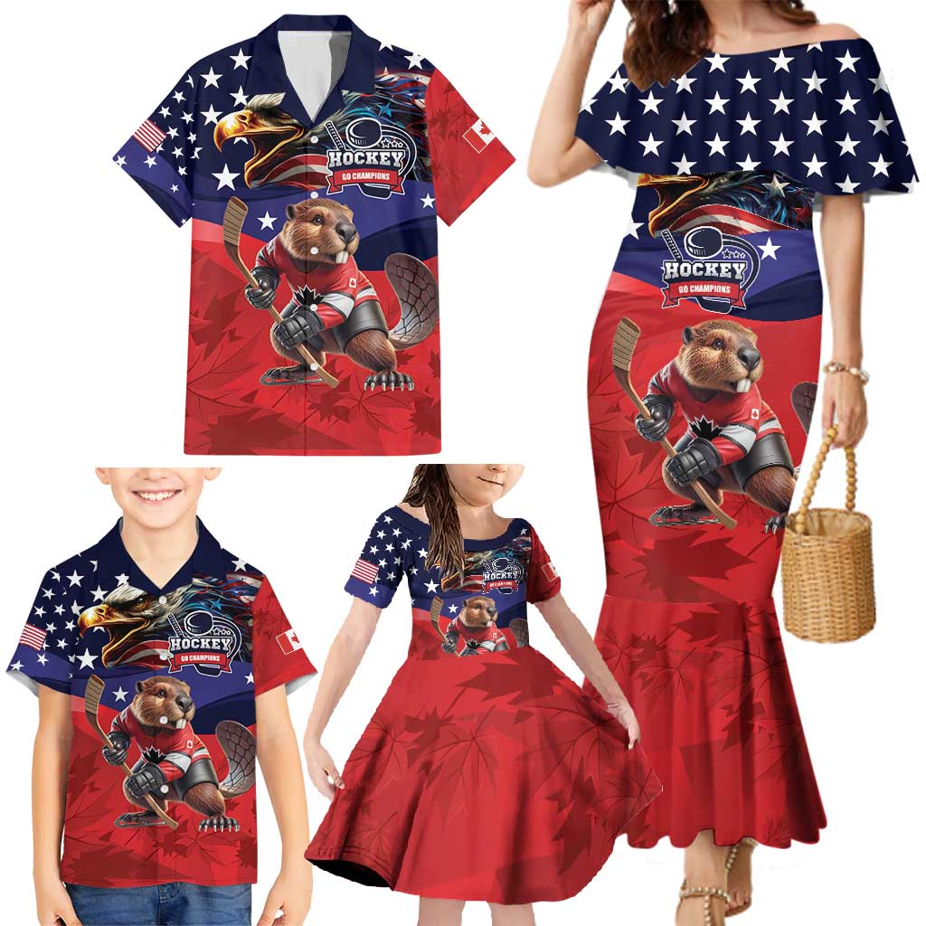 USA Canada Ice Hockey Custom Family Matching Mermaid Dress and Hawaiian Shirt Go Champion 4 Nations