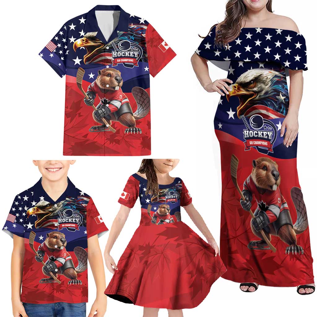 USA Canada Ice Hockey Custom Family Matching Off Shoulder Maxi Dress and Hawaiian Shirt Go Champion 4 Nations