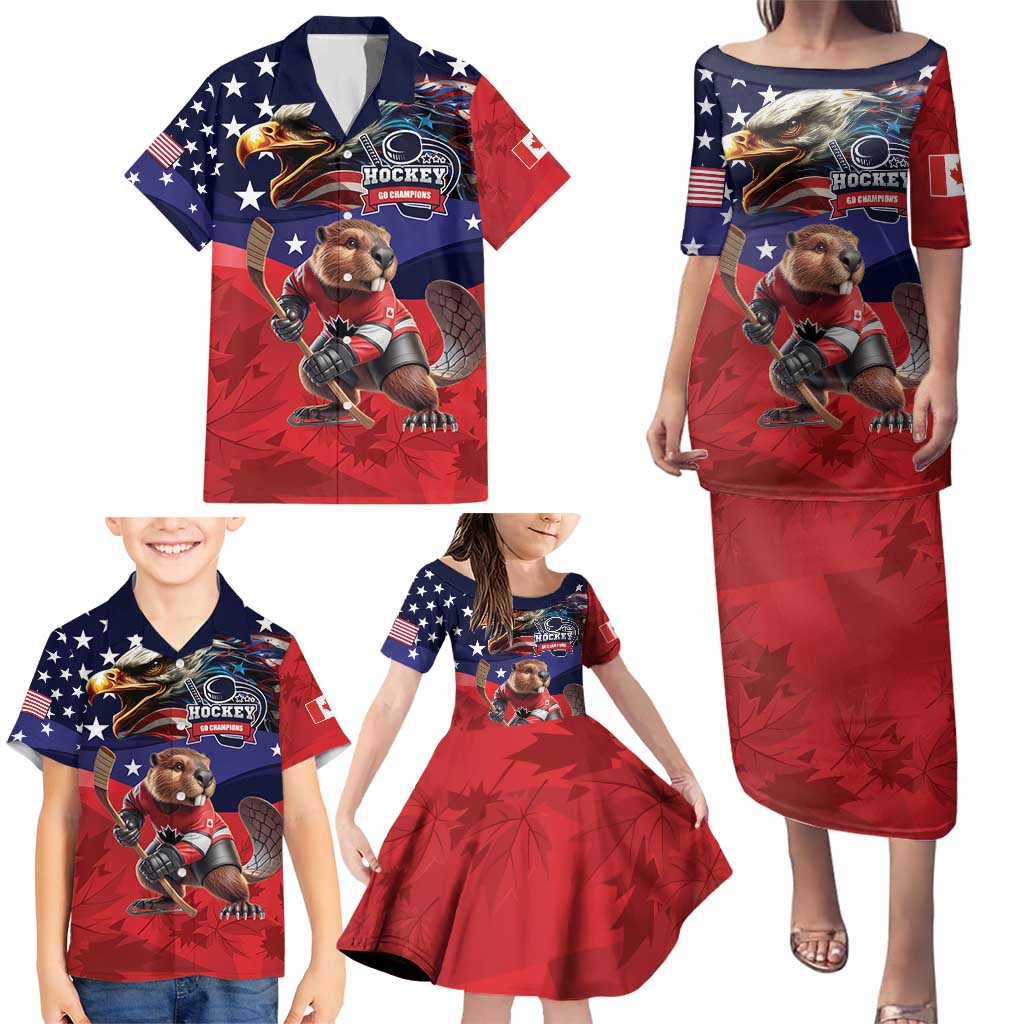 USA Canada Ice Hockey Custom Family Matching Puletasi and Hawaiian Shirt Go Champion 4 Nations