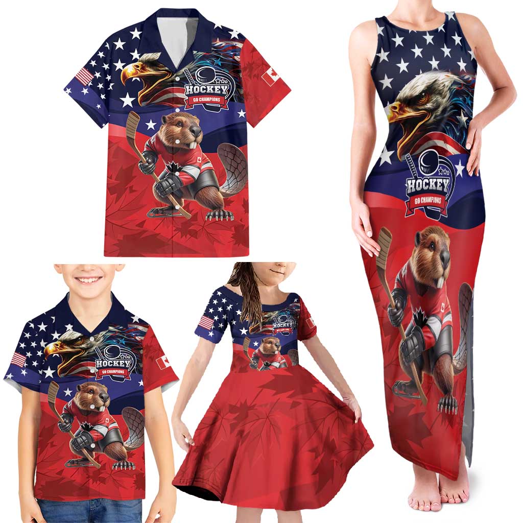 USA Canada Ice Hockey Custom Family Matching Tank Maxi Dress and Hawaiian Shirt Go Champion 4 Nations