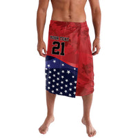 Athletic shorts with red-and-navy star panel print, “YOUR TEXT” 21