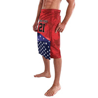 Athletic shorts with navy star section and red print, “YOUR TEXT” 21