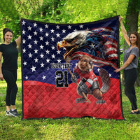 Hockey quilt with eagle over a U.S. stars-and-stripes background, mascot holding stick