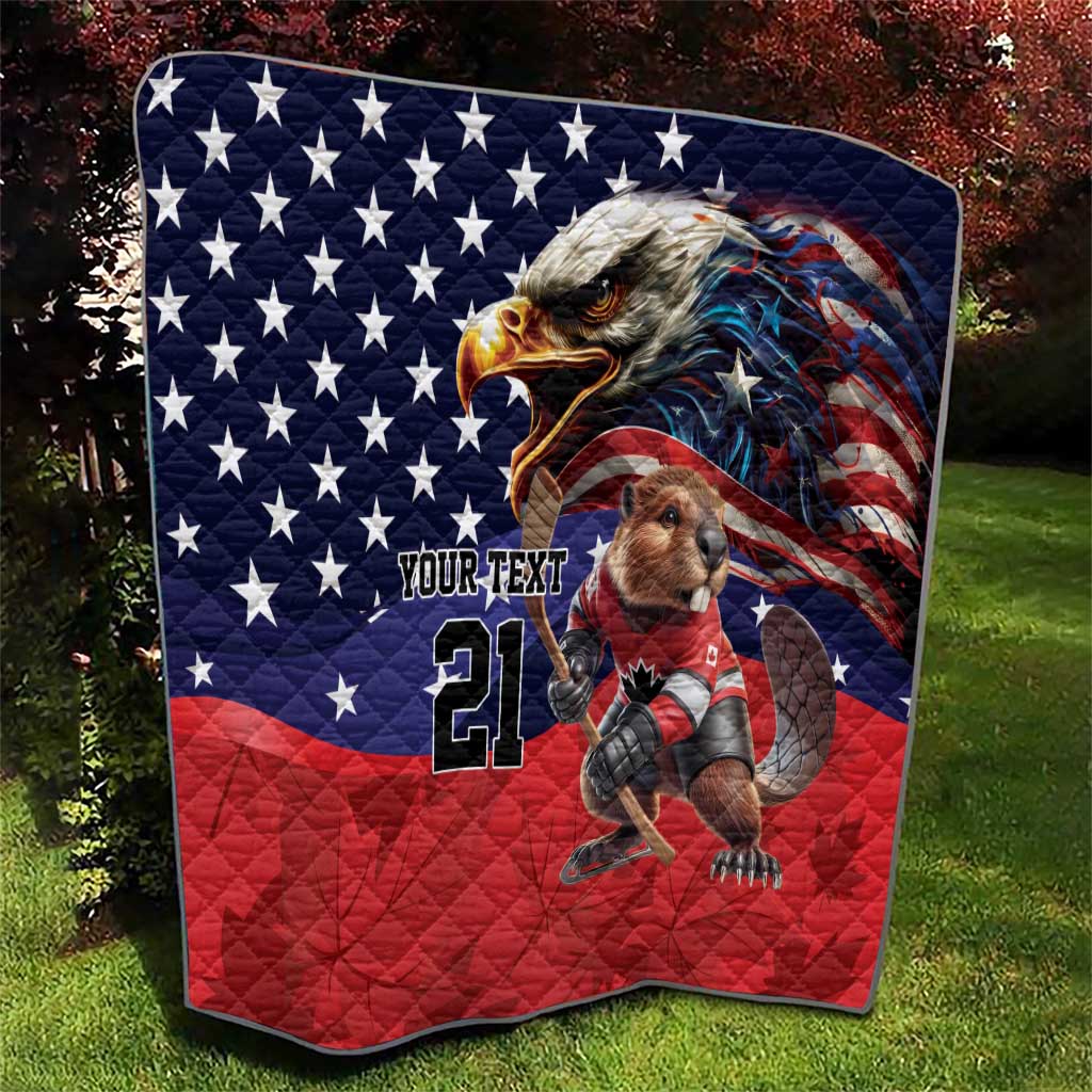 Red and navy quilt featuring eagle head, stars, stripes, mascot player, and number 21