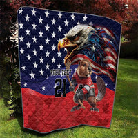 Red and navy quilt featuring eagle head, stars, stripes, mascot player, and number 21