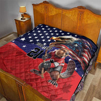 Bedroom quilt on bed: navy stars panel, red stripes, eagle graphic, hockey mascot, 21
