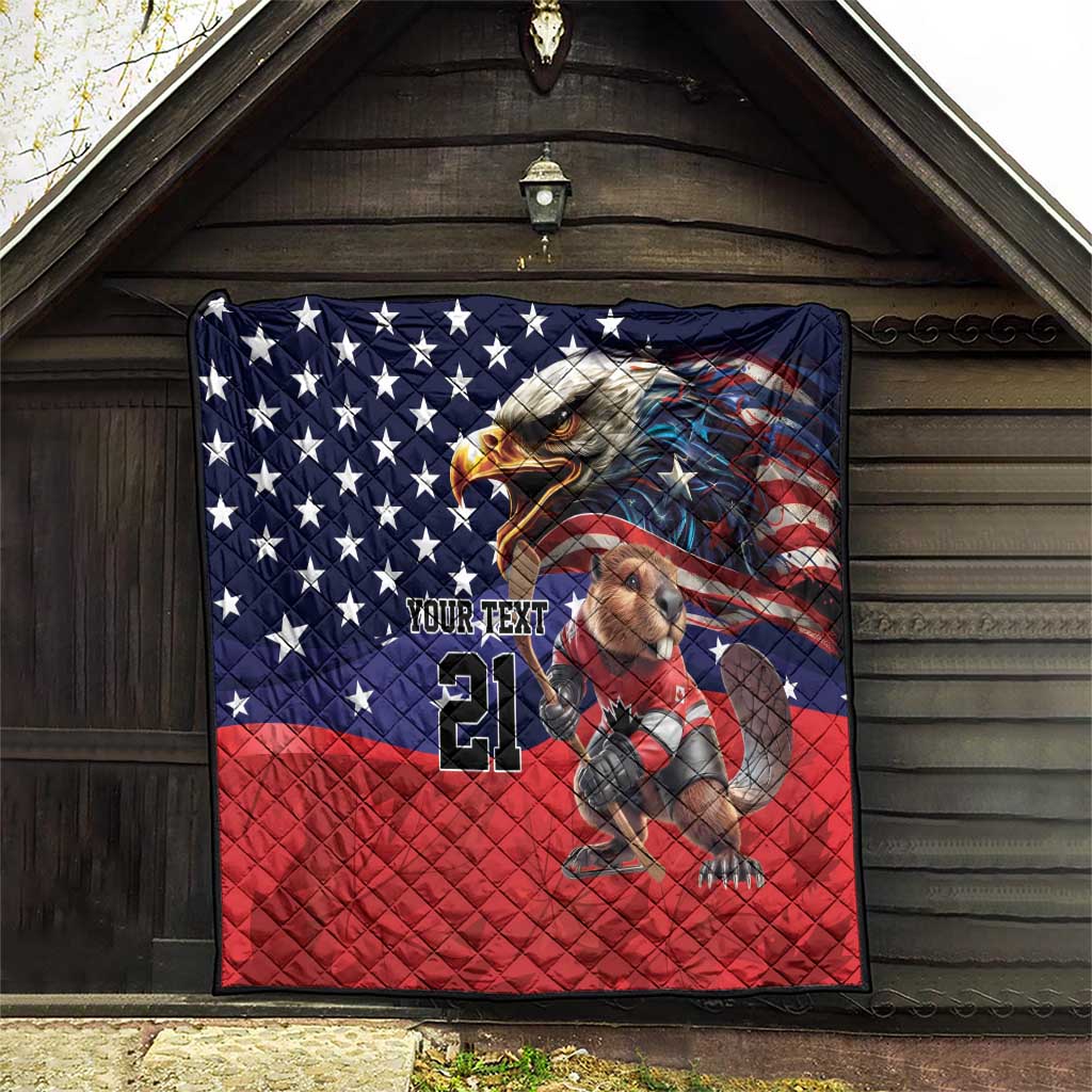 Hockey-themed quilt hanging on wall, blue star field with eagle and red striped bottom