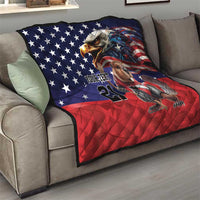Folded quilt on sofa with eagle, hockey mascot holding gear, navy stars and red stripes