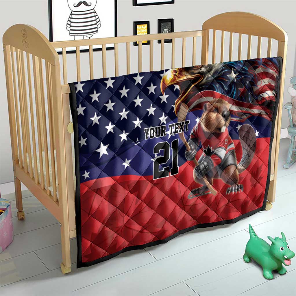 Hockey quilt on crib: eagle image, stars-and-stripes design, mascot player, number 21