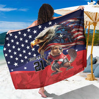 Blue and red ice hockey graphic sarong with eagle, stars, and dog artwork