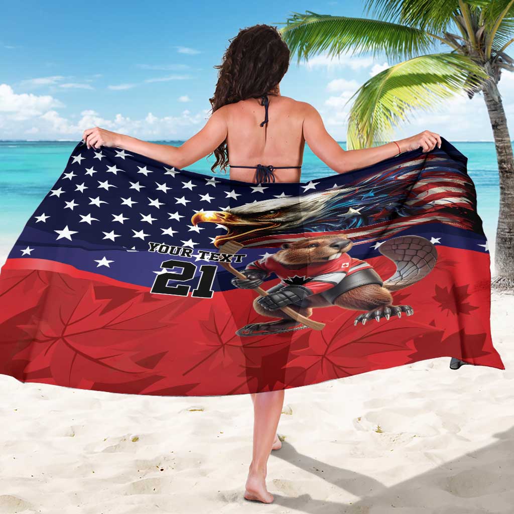 Back view ice hockey sarong, blue stars and red stripes with eagle and dog