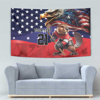 Wall tapestry with eagle and hockey dog, US flag stars and stripes, blue/red, 21