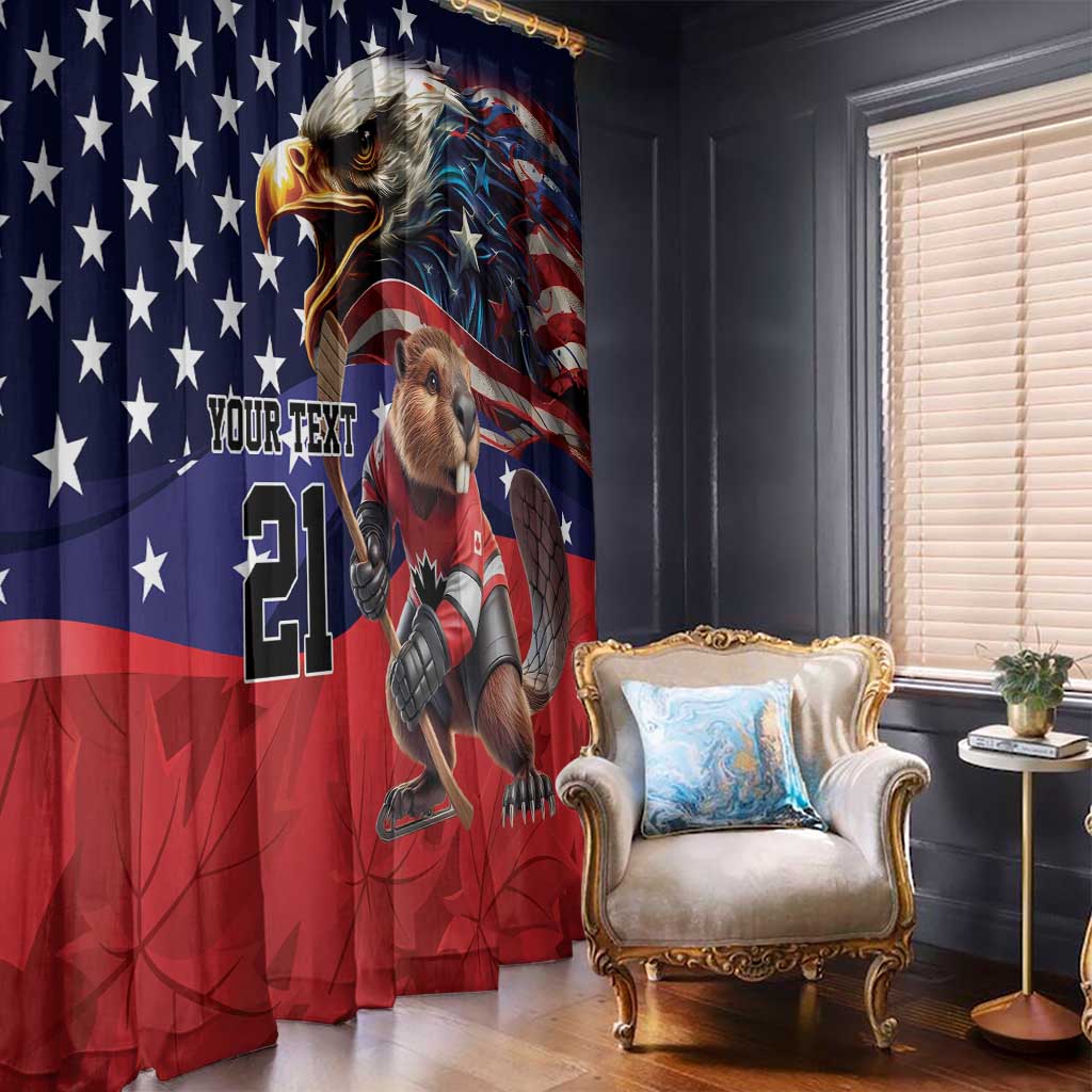 Patriotic blue and red ice hockey window curtain panel with bear, dog, stars and stripes