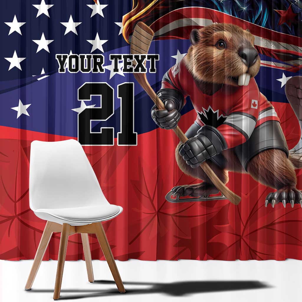 Ice hockey window curtain with blue stars, red stripes, large dog-and-bear sports graphic