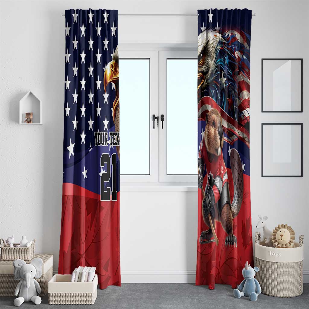 Patriotic blue and red ice hockey window curtains with dog and eagle themed design