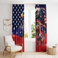 Blue and red ice hockey window curtain panels with stars, eagle and dog character print
