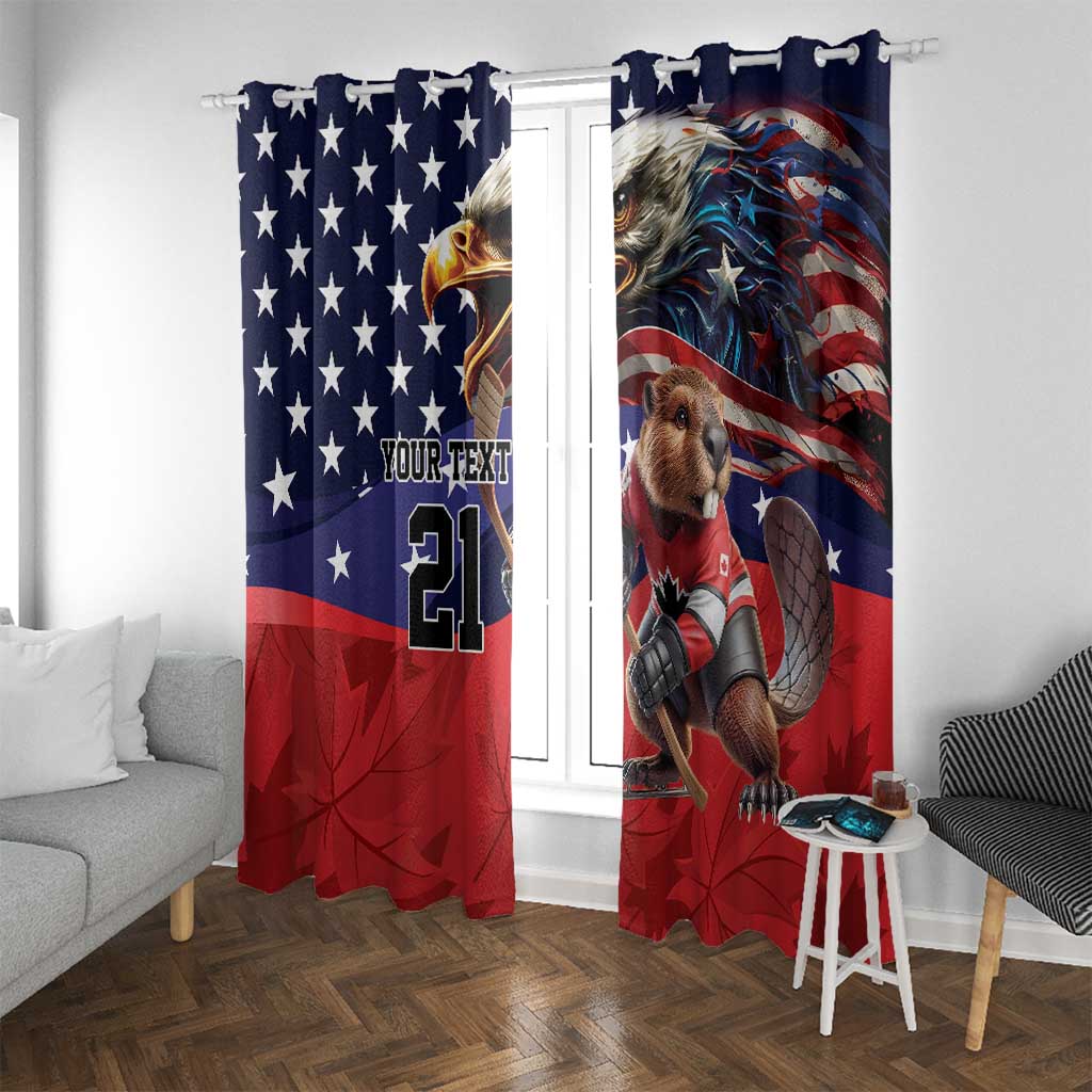 Blue and red ice hockey window curtains with dog character, stars, and bold sports artwork