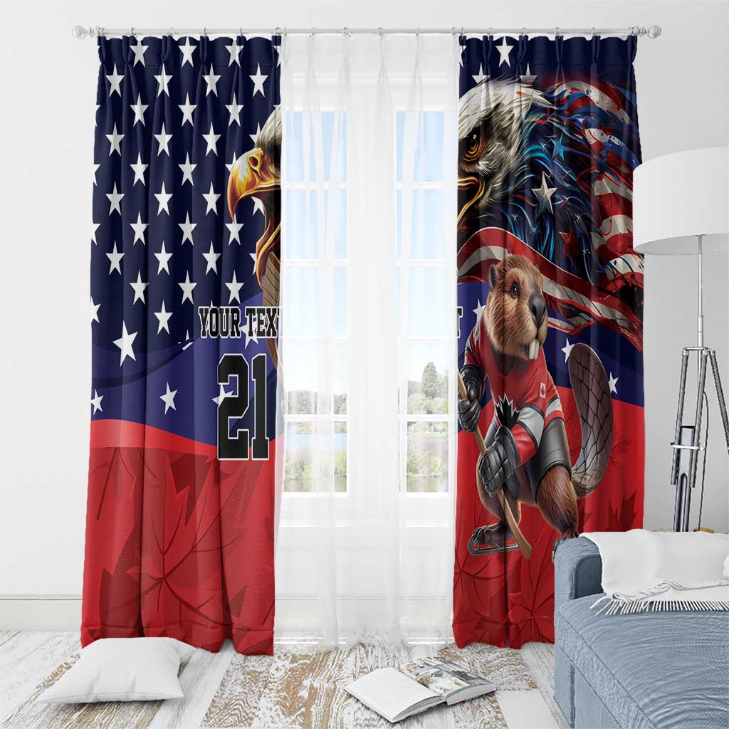 Blue and red ice hockey window curtains with dog-and-bear mascot artwork and star motif