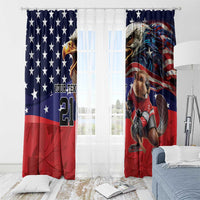 Blue and red ice hockey window curtains with dog-and-bear mascot artwork and star motif