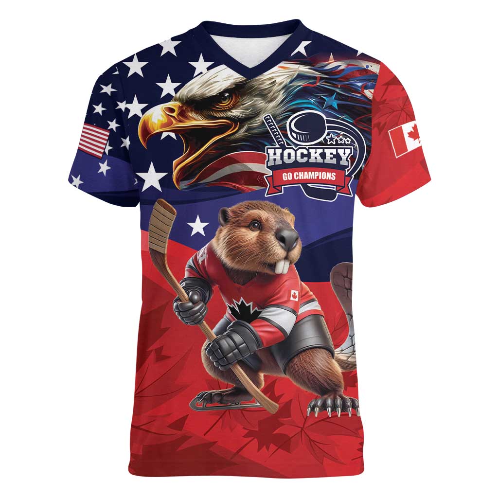 USA Canada Ice Hockey Custom Women V-Neck T-Shirt Go Champion 4 Nations