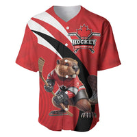 Red hockey baseball jersey with Team Canada logo, V-neck and button placket