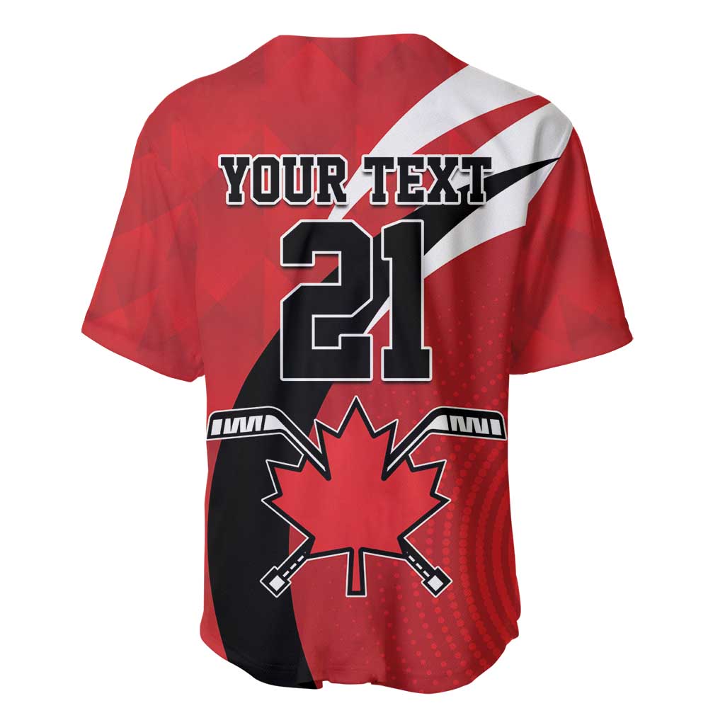 Red hockey baseball jersey back with "YOUR TEXT 21" and maple leaf emblem