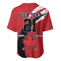 Red hockey baseball jersey back with "YOUR TEXT 21" and maple leaf emblem