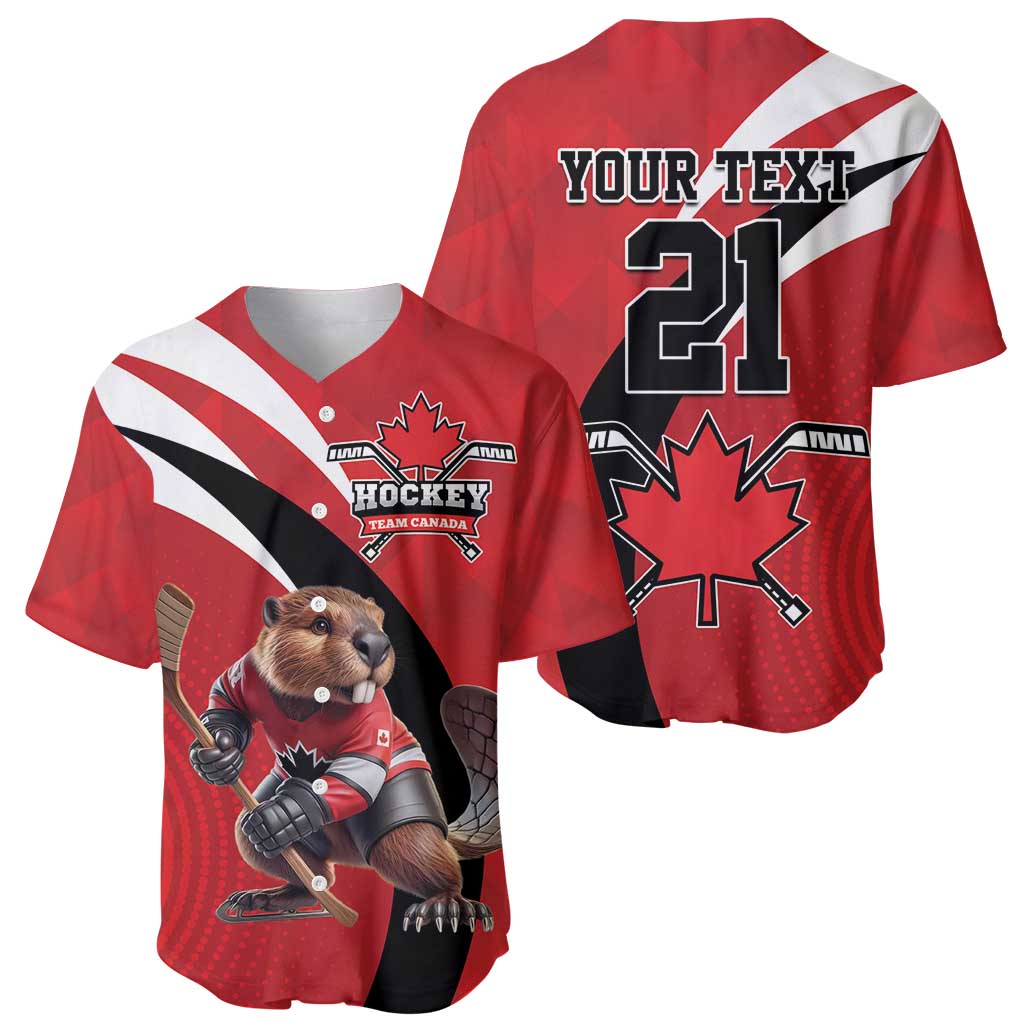 Red hockey baseball jersey front with bear mascot and back with "YOUR TEXT 21"