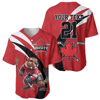 Red hockey baseball jersey front with bear mascot and back with "YOUR TEXT 21"