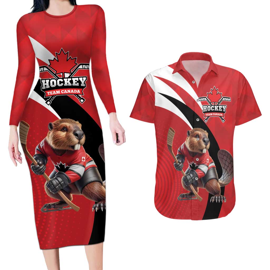 Canada Hockey Custom Couples Matching Long Sleeve Bodycon Dress and Hawaiian Shirt Go Champion 4 Nations