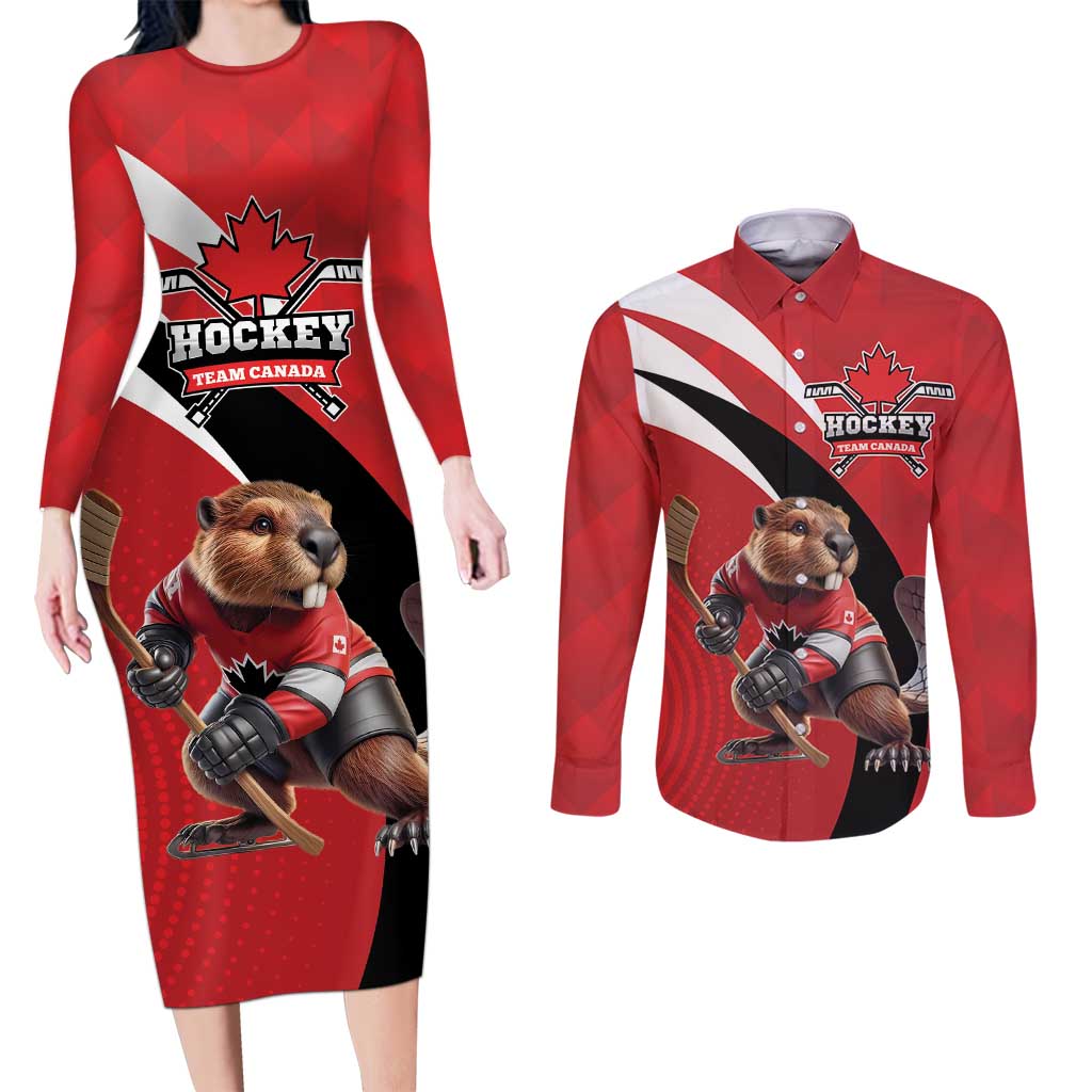 Canada Hockey Custom Couples Matching Long Sleeve Bodycon Dress and Long Sleeve Button Shirt Go Champion 4 Nations