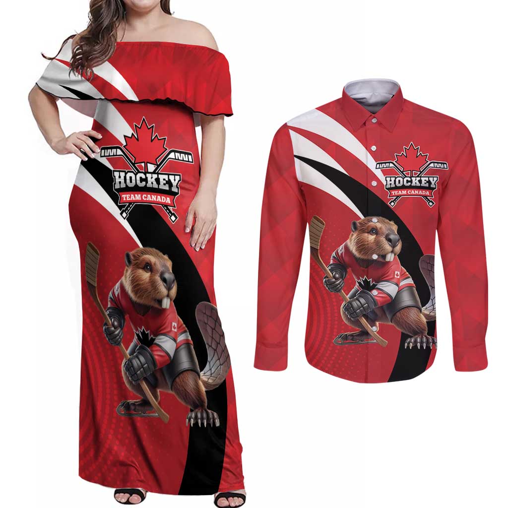 Canada Hockey Custom Couples Matching Off Shoulder Maxi Dress and Long Sleeve Button Shirt Go Champion 4 Nations