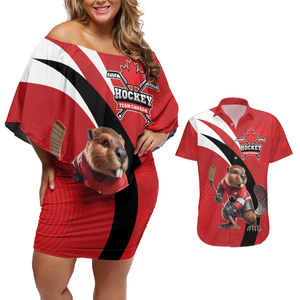 Canada Hockey Custom Couples Matching Off Shoulder Short Dress and Hawaiian Shirt Go Champion 4 Nations